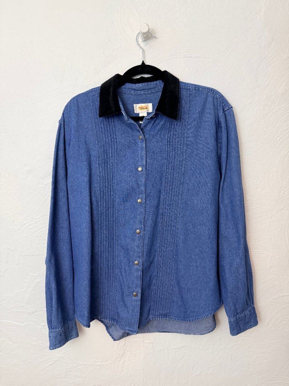 Vintage Denim & Black Velvet Collared Shirt Jacket